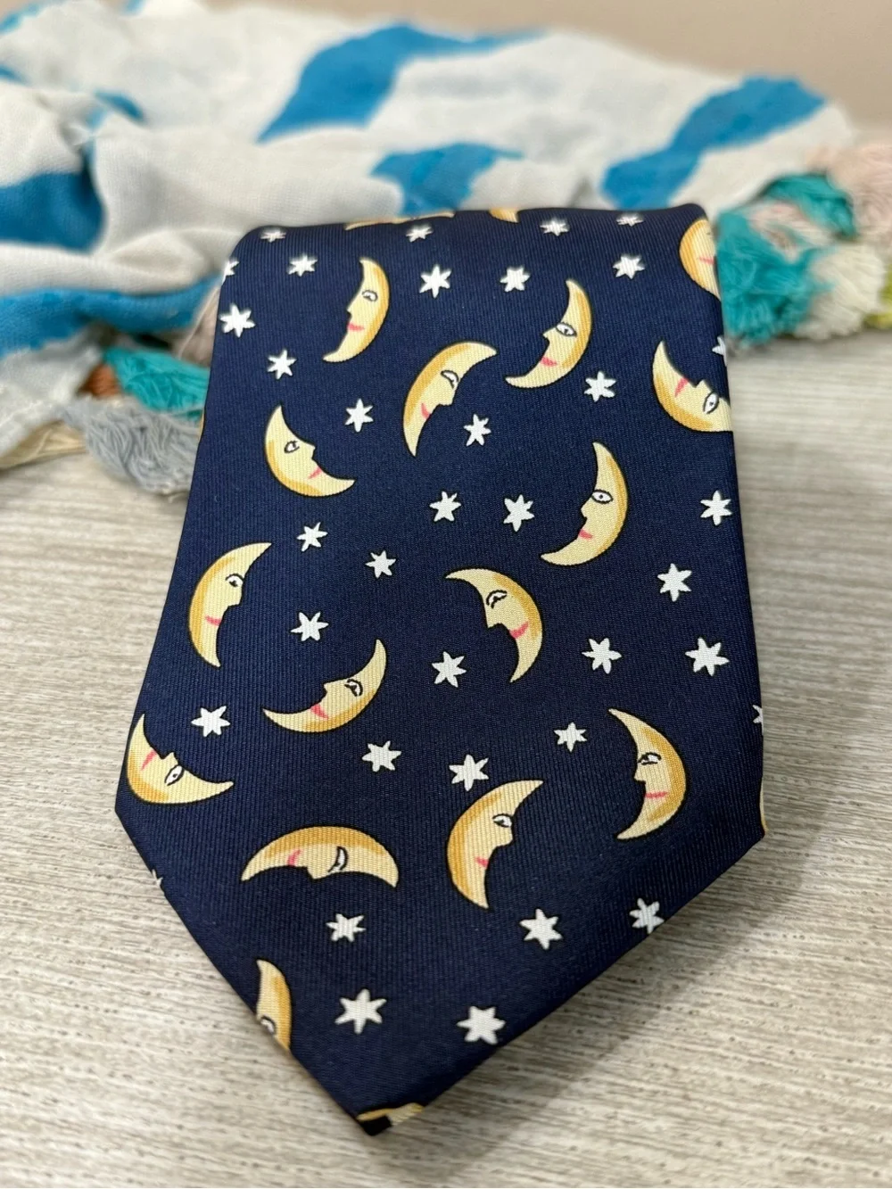 Vintage Hermes Silk Tie with Crescent Moon & Stars Pattern